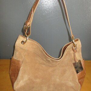 FURLA Light Brown Suede w/ Embossed Leather Handbag